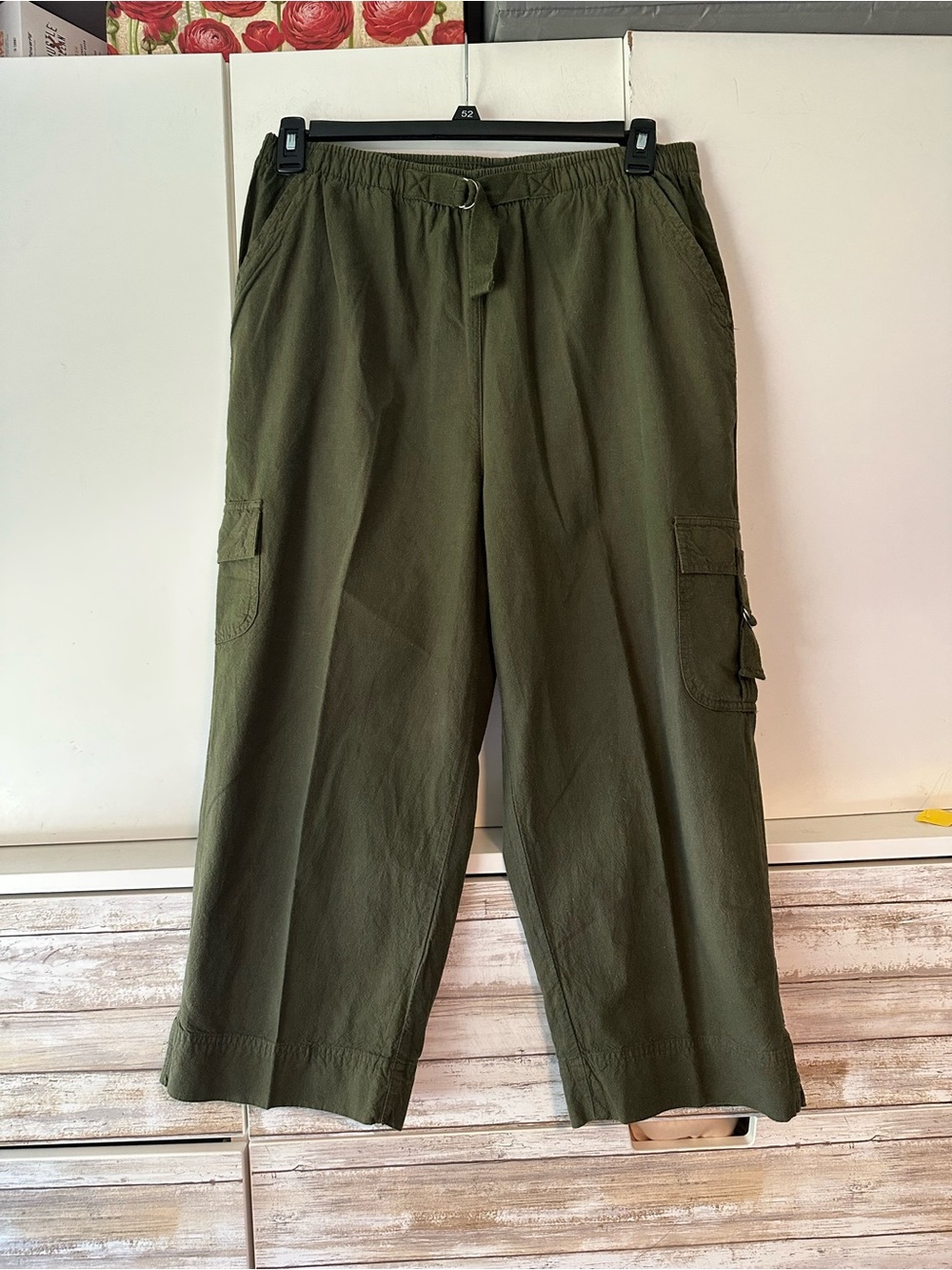 🌿 Erika Olive Green Cotton Cargo Pants Crop Women’s Large L Utility Wide Leg